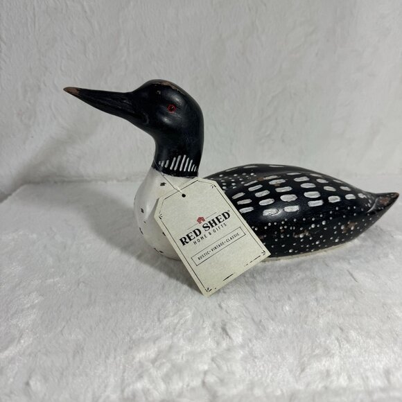 Hand-Painted Red Shed Loon Wood Décor Statue 12" Country Rustic - Picture 1 of 6